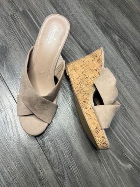 Charles by Charles David Taupe Suede Cork Wedge Slide Sandals